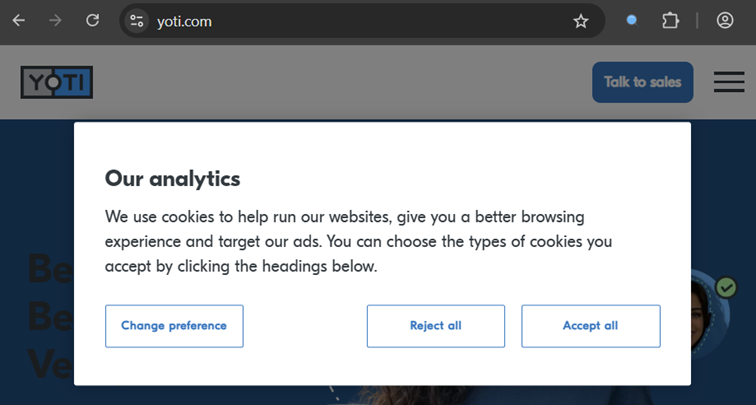 Yoti Cookie Banner (Screenshot yoti.com)