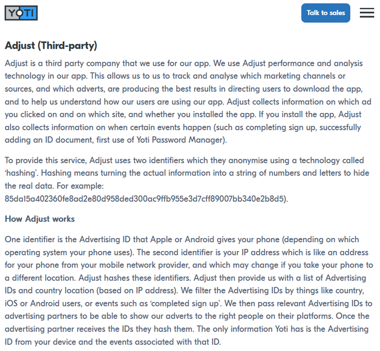 Auszug Yoti Privacy Policy