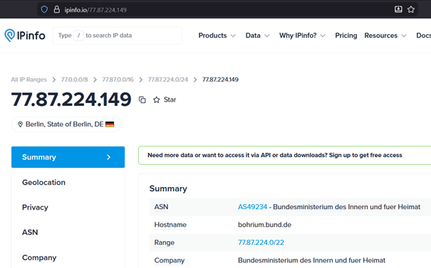ipinfo zu abrufenden IP-Adressen