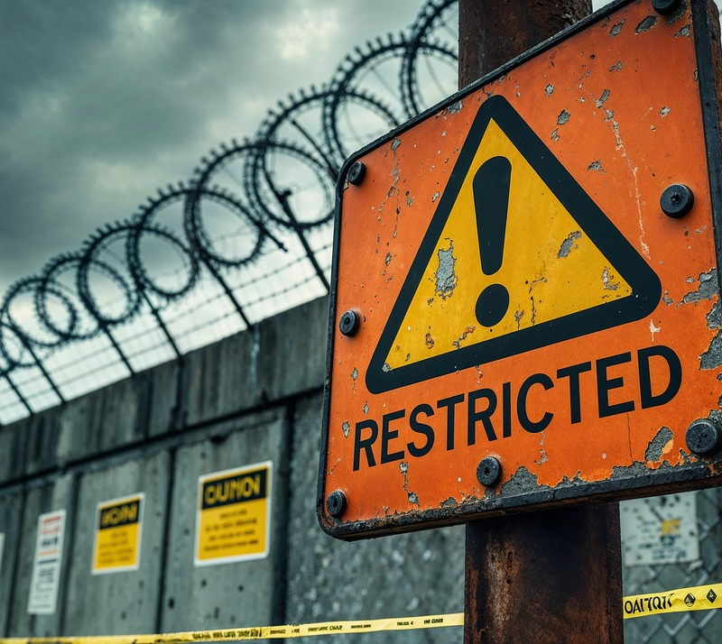 Weathered restricted area warning sign on a security fence topped with razor wire under a stormy sky.